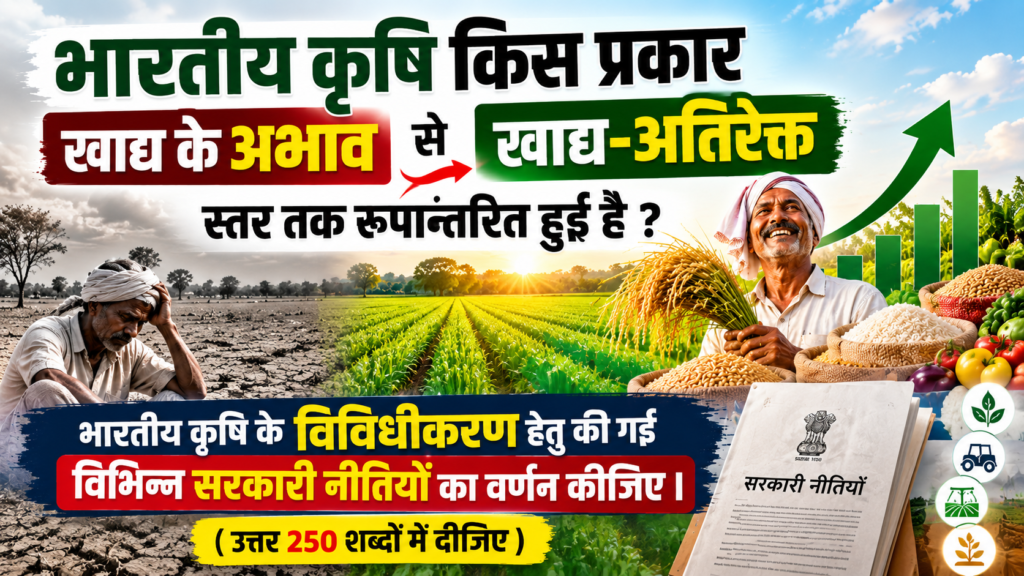 भारतीय कृषि किस प्रकार खाद्य के अभाव से खाद्य-अतिरेक स्तर तक रूपान्तरित हुई है ? भारतीय कृषि के विविधीकरण हेतु की गई विभिन्न सरकारी नीतियों का वर्णन कीजिए । (उत्तर 250 शब्दों में दीजिए) [ UPSC 2026]