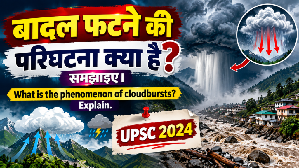 बादल फटने की परिघटना क्या है? समझाइए। What is the phenomenon of cloudbursts? Explain.  [ UPSC 2024]