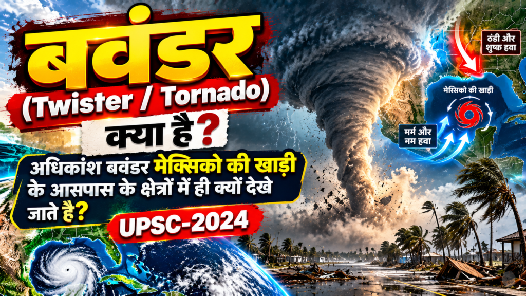 बवंडर (Twister / Tornado) क्या है? अधिकांश बवंडर मेक्सिको की खाड़ी के आसपास के क्षेत्रों में ही क्यों देखे जाते हैं?[UPSC-2024]