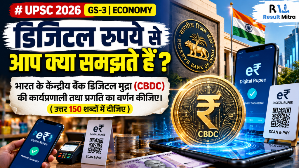 डिजिटल रुपये से आप क्या समझते हैं? इस सन्दर्भ में, भारत के केन्द्रीय बैंक डिजिटल मुद्रा (सी बी डी सी) कीकार्यप्रणाली तथा प्रगति का वर्णन कीजिए। (उत्तर 150 शब्दों में दीजिए) [UPSC 2026 GS3 ECONOMY]