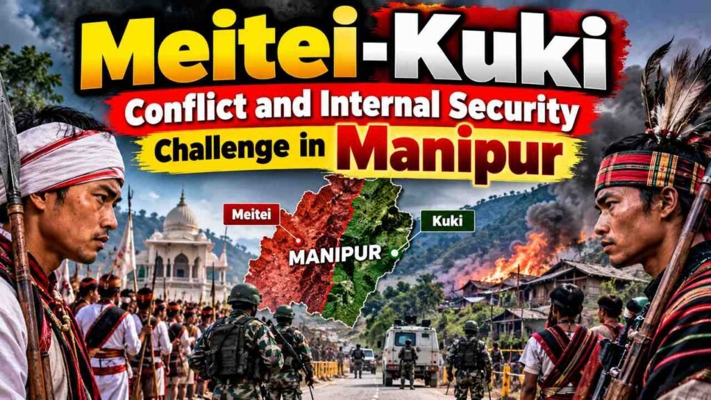 मणिपुर में मेइतेई-कुकी संघर्ष और आंतरिक सुरक्षा की चुनौती। (Meitei-Kuki Conflict and Internal Security Challenge in Manipur.)