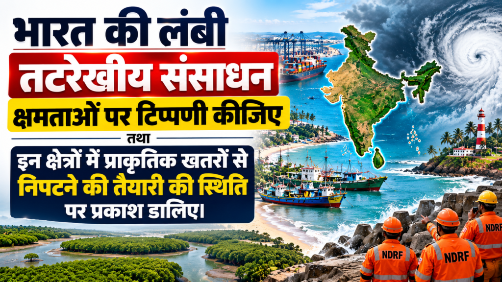 भारत की लंबी तटरेखीय संसाधन क्षमताओं पर टिप्पणी कीजिए तथा इन क्षेत्रों में प्राकृतिक खतरों से निपटने की तैयारी की स्थिति पर प्रकाश डालिए। (उत्तर 250 शब्दों में दीजिए।)  [ UPSC 2023]